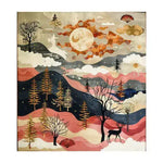 Vibrant square area rug featuring a whimsical wildlife scene with a large sun, abstract trees, and a deer in a dreamy landscape. Perfect for adding warmth and style to your living room or dining room. This wool rug combines artistic design with practicality, making it an ideal choice for formal dining room rugs or dining room carpets.