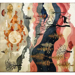 This vibrant area rug features an abstract wildlife design with flowing lines and nature-inspired elements, perfect for enhancing any living room or dining room. The square wool rug showcases a harmonious blend of earthy tones and intricate patterns, making it an ideal choice for formal dining room rugs or dining room carpets.