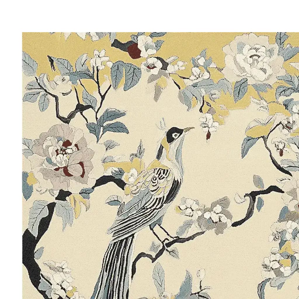Exquisite Willow Bird Serenade Hand Tufted Area Rug featuring a detailed bird and floral pattern in soothing colors, ideal for living room rugs 8x10. This wool rug adds a touch of elegance to any living room area.