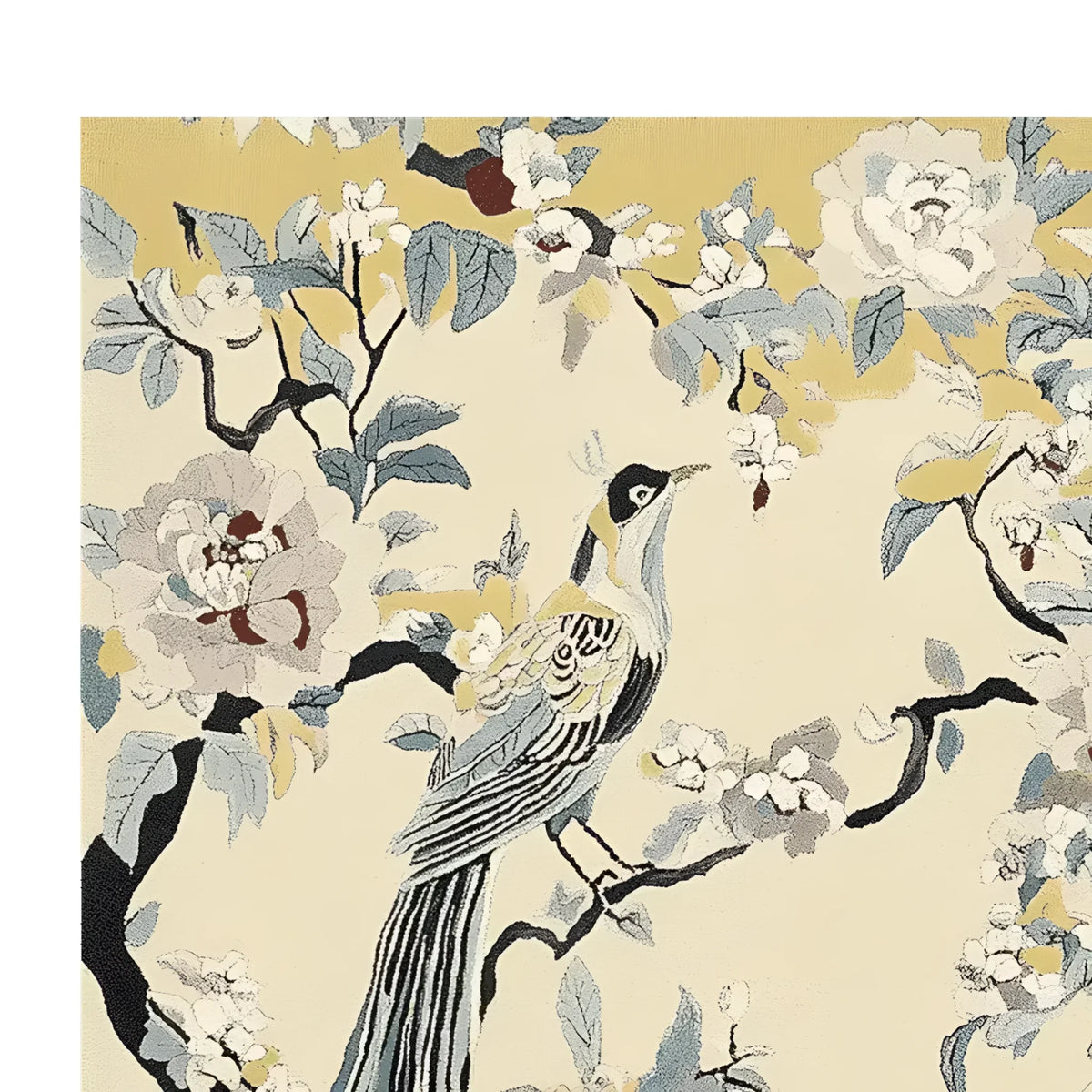 Exquisite Willow Bird Serenade Hand Tufted Area Rug featuring a detailed bird and floral pattern in soothing colors, ideal for living room rugs 8x10. This wool rug adds a touch of elegance to any living room area.