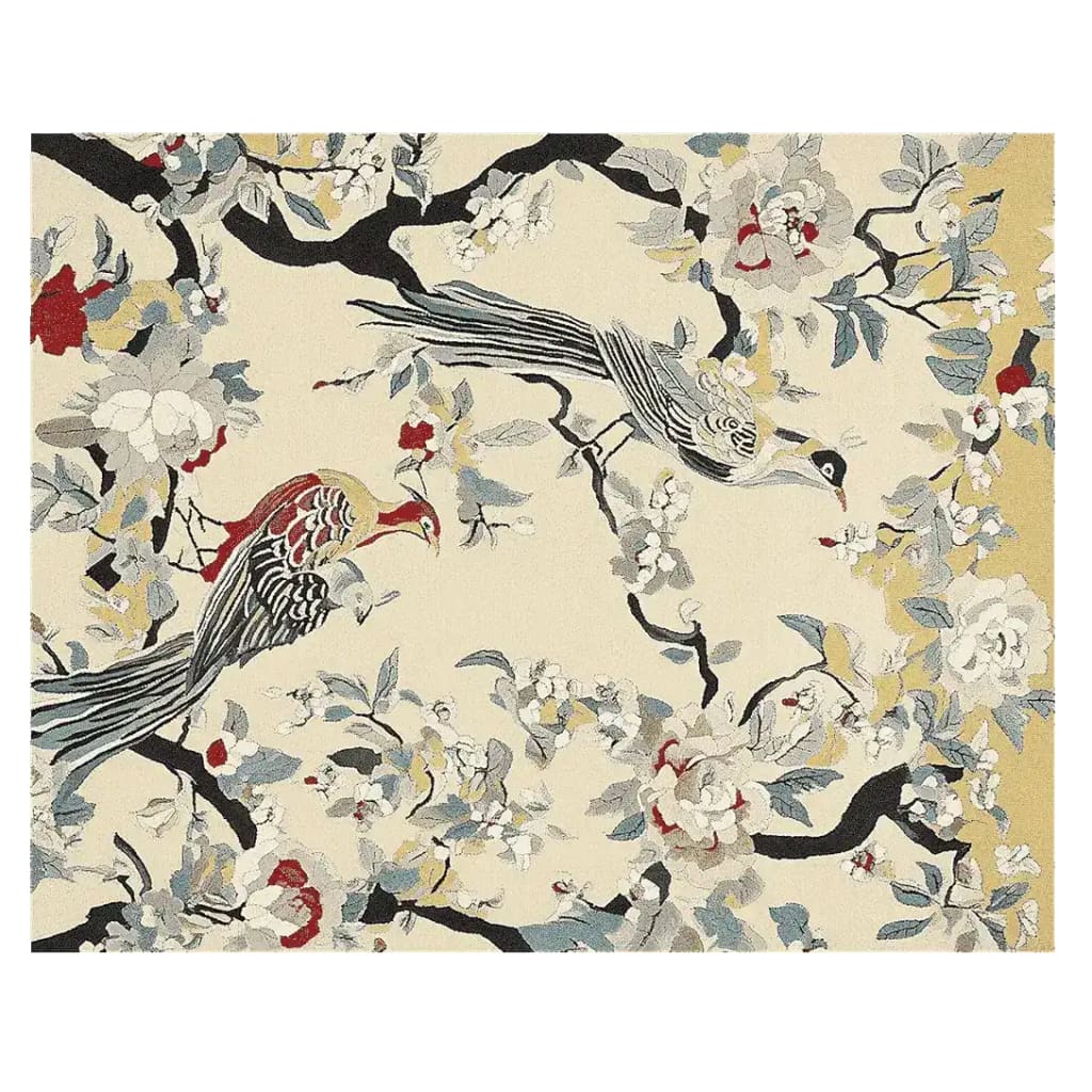 Beautiful hand-tufted area rug featuring an elegant design of birds and flowers, perfect for adding a touch of nature to your living room. This 8x10 wool rug serves as a stunning centerpiece for any living room area, combining artistry and comfort.