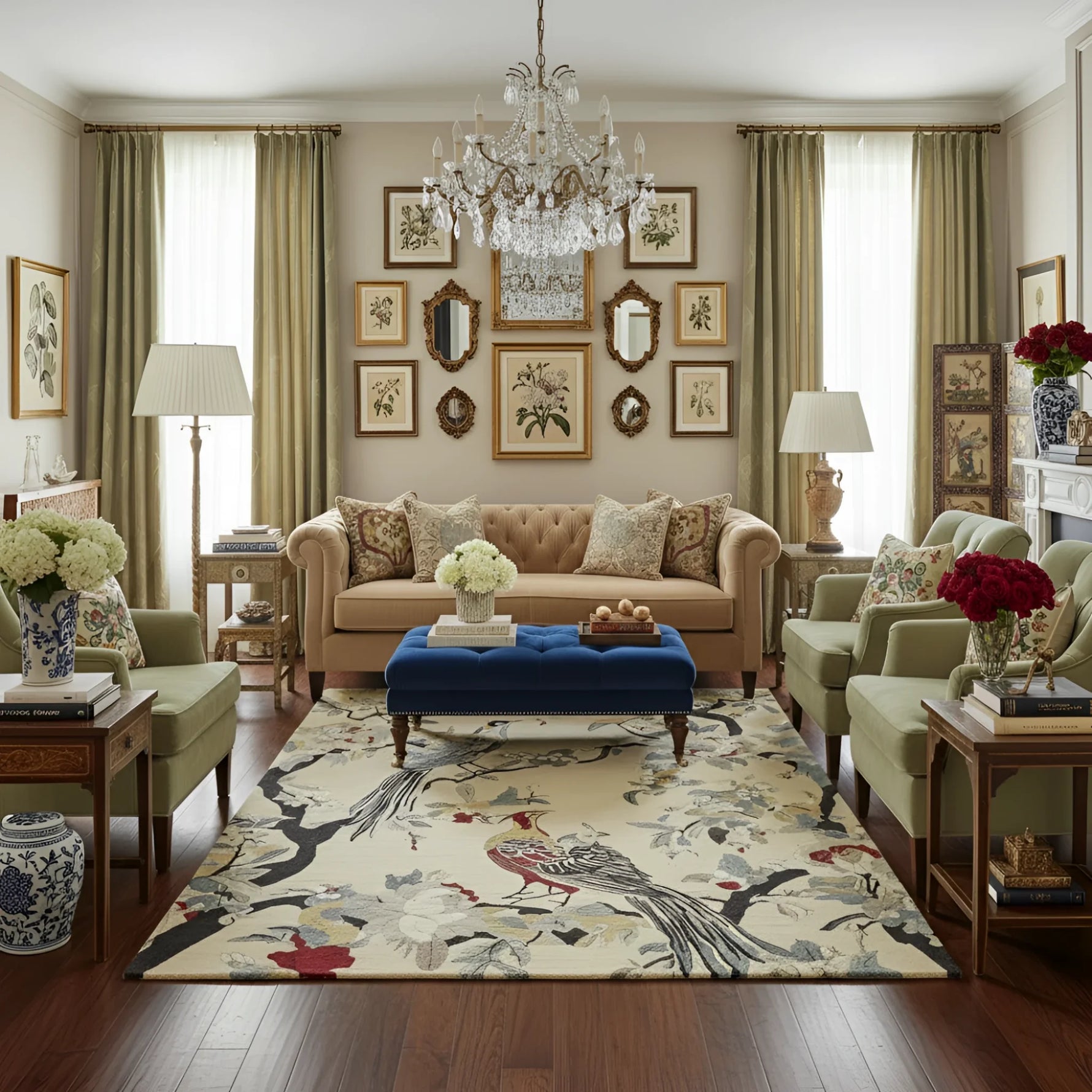 Living room with a beige sofa, floral rug, and decorative elements.