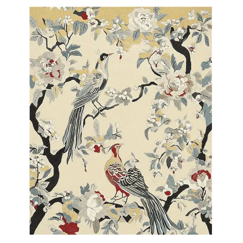 Elegant area rug featuring a serene willow bird design, perfect for enhancing your living room space. This hand tufted wool rug showcases intricate details with birds and floral patterns on a neutral background, making it an ideal choice for living room rugs 8x10. Add a touch of nature and style to your decor with this exquisite living room area rug.