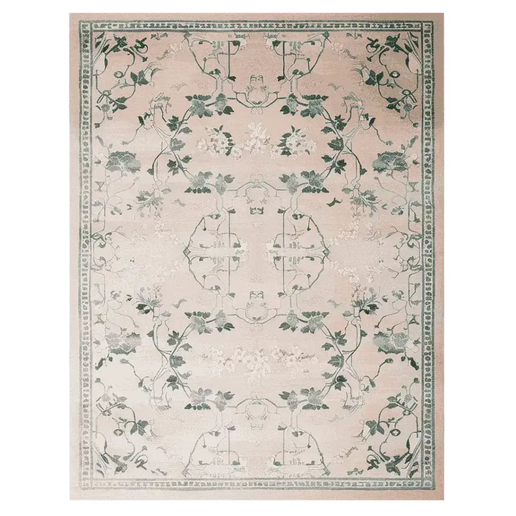 The Willow Grace Hand Tufted Area Rug features an elegant vintage design with intricate green floral patterns on a soft beige background, ideal for adding a touch of classic charm to living rooms. This 8x10 wool rug is perfect for those seeking stylish and durable rugs for living room spaces.