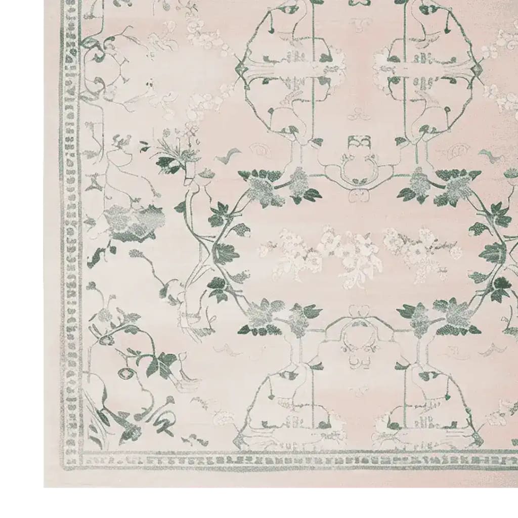 Close-up view of the Willow Grace Hand Tufted Area Rug, showcasing its intricate vintage design with floral patterns in soft green hues. This wool rug is perfect for adding elegance to living room spaces, especially as an 8x10 centerpiece.