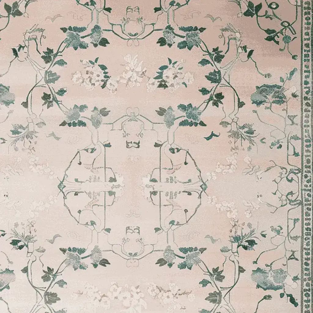 The Willow Grace Hand Tufted Rug features an elegant vintage design with intricate floral patterns in shades of green and cream. This wool area rug, sized 8x10, is perfect for adding a touch of sophistication to living room spaces.