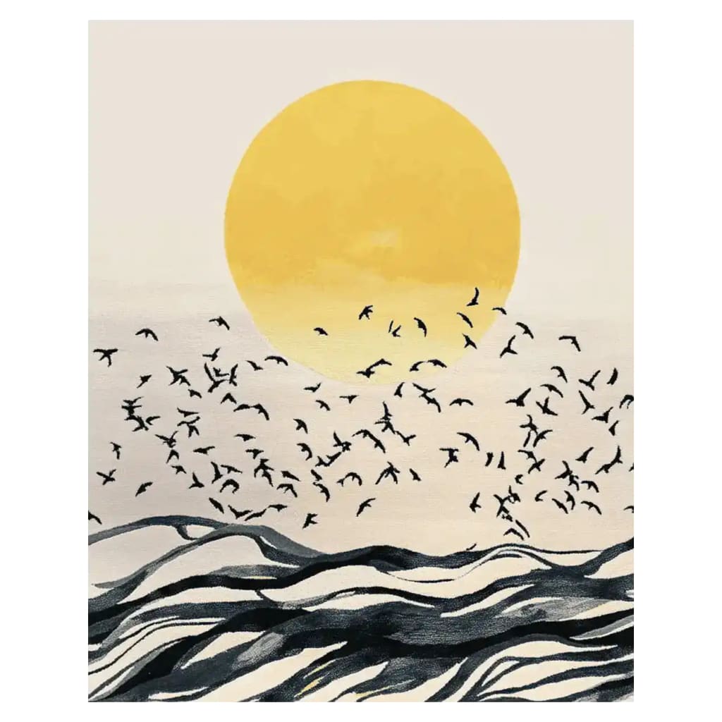 The Windswept Morning Chorus Hand Tufted Rug is a captivating area rug featuring a large yellow sun and a flock of birds in flight over abstract waves. This contemporary wool rug is perfect for large living rooms, adding a touch of nature and artistry to your space. Ideal for those seeking stylish rugs for living room decor.