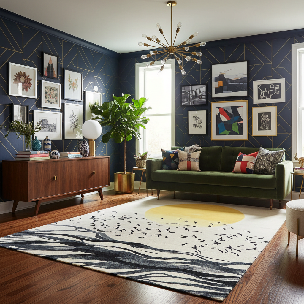Modern living room with green sofa, wooden sideboard, and decorative rug.