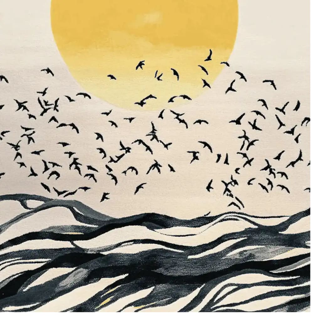 A stunning area rug featuring an abstract design of birds flying against a large yellow sun, with flowing black and white patterns resembling waves. This wool rug is perfect for large living room spaces and adds a contemporary touch to any décor, making it an ideal choice for those seeking unique rugs for living rooms.