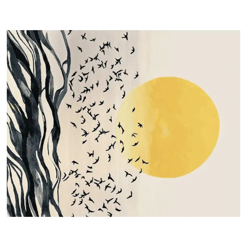 A beautifully designed area rug featuring a contemporary abstract pattern with a blend of black and white wavy lines, a flock of birds, and a striking yellow sun. This wool rug is perfect for adding a touch of elegance to large living room spaces, making it an ideal choice for those seeking stylish rugs for living room decor.