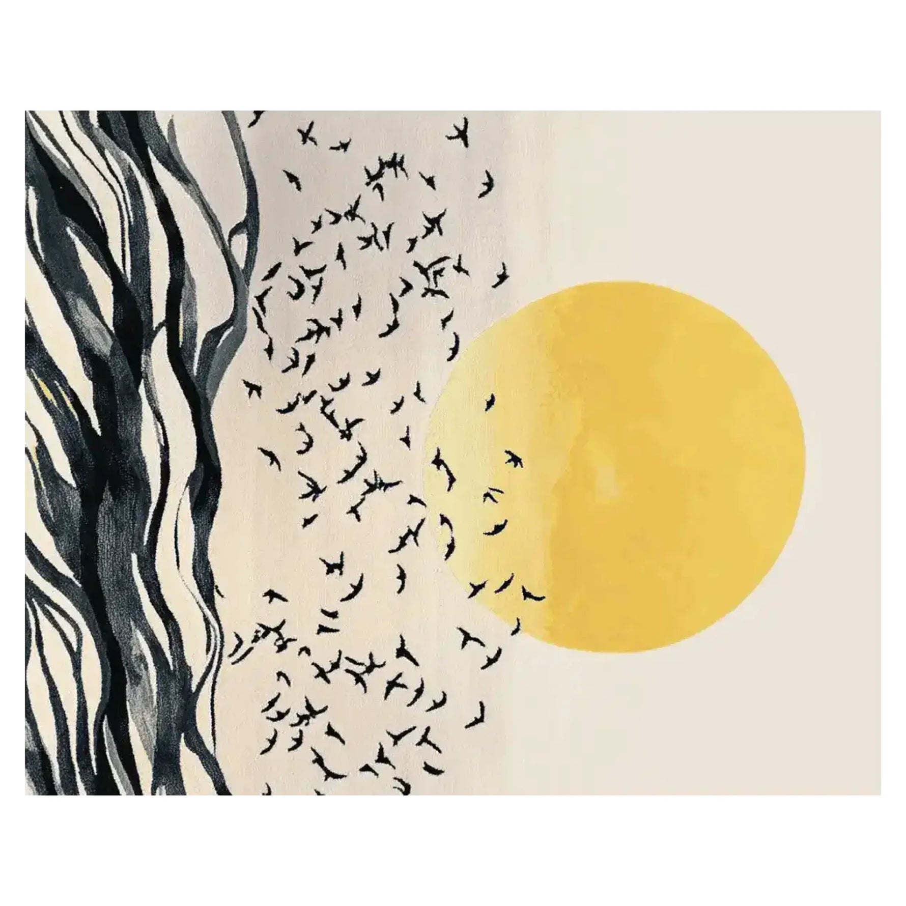 A beautifully designed area rug featuring a contemporary abstract pattern with a blend of black and white wavy lines, a flock of birds, and a striking yellow sun. This wool rug is perfect for adding a touch of elegance to large living room spaces, making it an ideal choice for those seeking stylish rugs for living room decor.