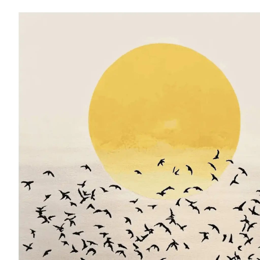 A beautiful hand-tufted area rug featuring a contemporary design with a large yellow sun and a flock of birds in flight. Perfect for large living rooms, this wool rug adds an artistic touch to any space, ideal for those seeking modern rugs for living room decor.