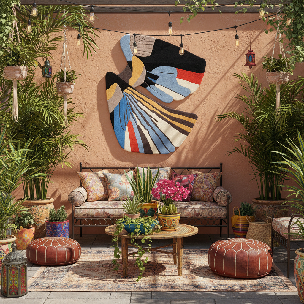 Outdoor patio with colorful furniture, rug on the wall, plants, and a wall art piece.
