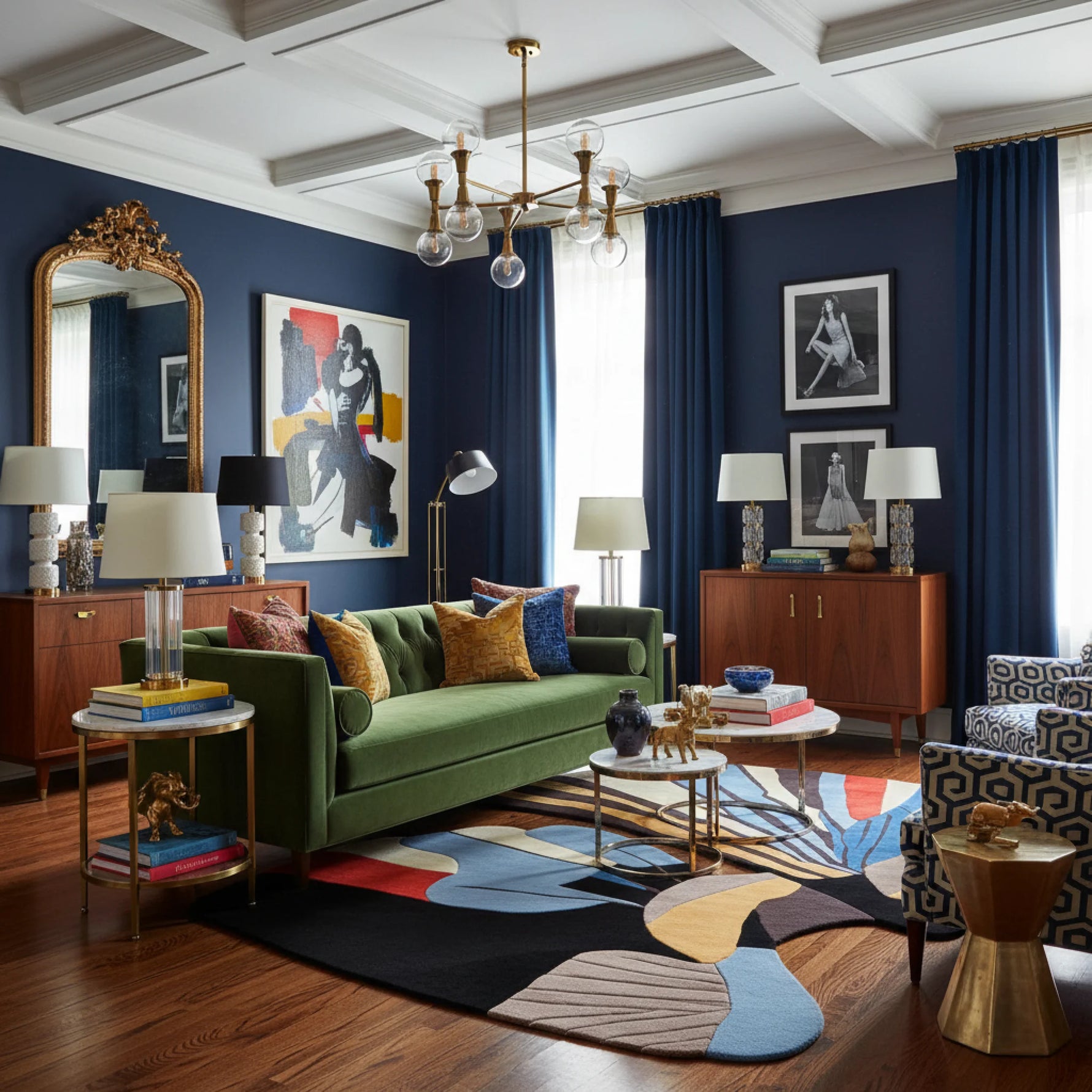 Living room with a green sofa, colorful rug, and decorative elements.