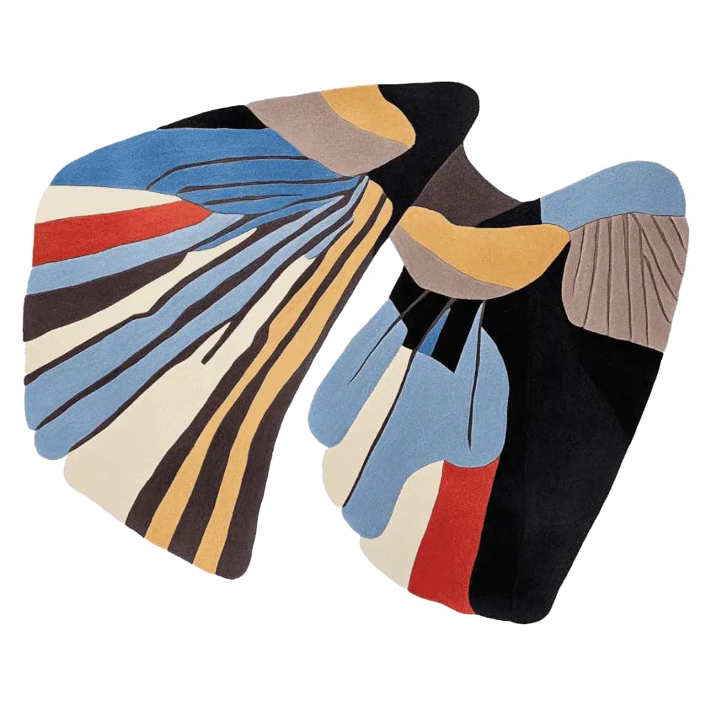 A vibrant, abstract Wing Memory Hand Tufted Area Rug featuring bold colors and dynamic shapes, perfect for adding a contemporary touch to your living room. This wool rug in an 8x10 size combines artistic flair with functionality, making it an ideal choice for those seeking stylish rugs for living room spaces.