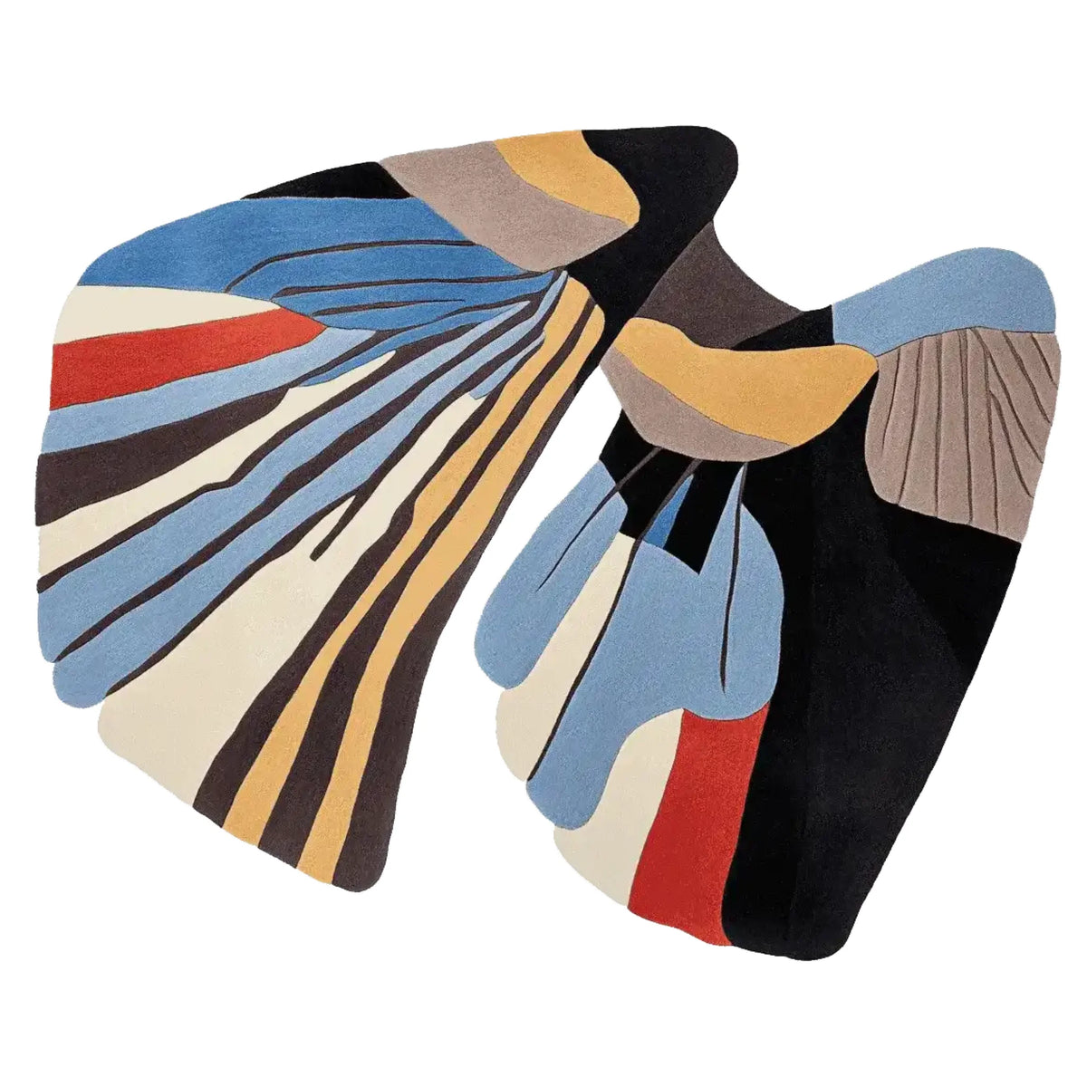 A vibrant, abstract Wing Memory Hand Tufted Area Rug featuring bold colors and dynamic shapes, perfect for adding a contemporary touch to your living room. This wool rug in an 8x10 size combines artistic flair with functionality, making it an ideal choice for those seeking stylish rugs for living room spaces.