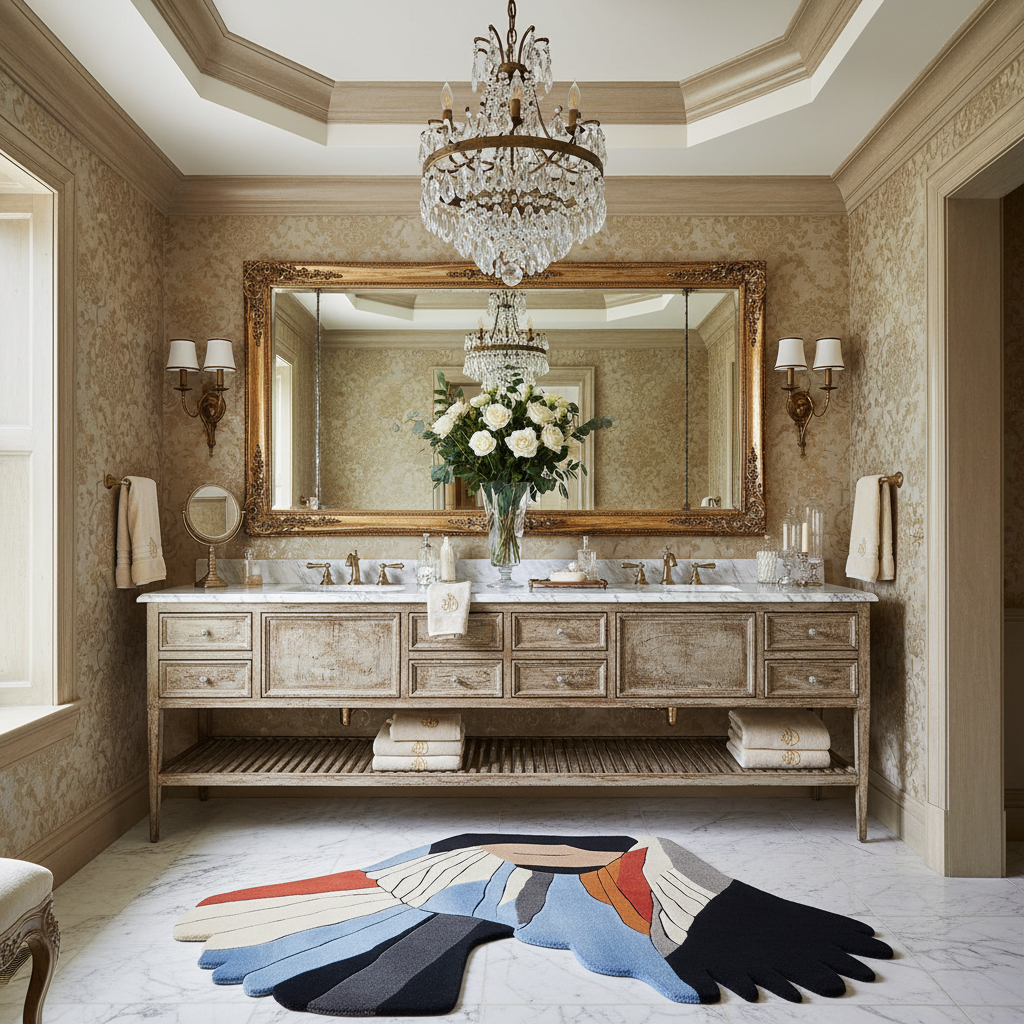 Luxurious bathroom with a large vanity, crystal chandelier, and decorative rug.