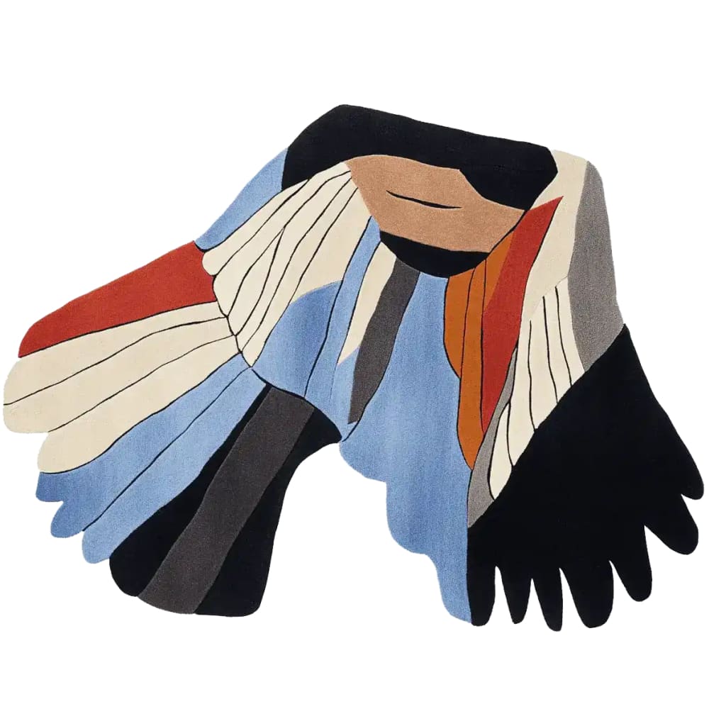 A vibrant Wing Span Echo Hand Tufted Area Rug, showcasing an abstract design with bold colors like blue, red, and black. This contemporary wool rug is perfect for adding a modern touch to your living room, making it a standout piece among area rugs for living room decor.