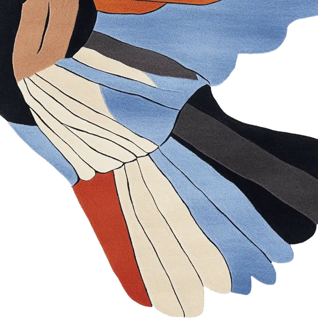 Close-up view of the Wing Span Echo Hand Tufted Area Rug showcasing its vibrant abstract design. This wool rug features bold colors and intricate patterns, making it a perfect contemporary rug for living rooms. Ideal for adding a stylish touch to any area, this rug combines functionality with artistic flair.