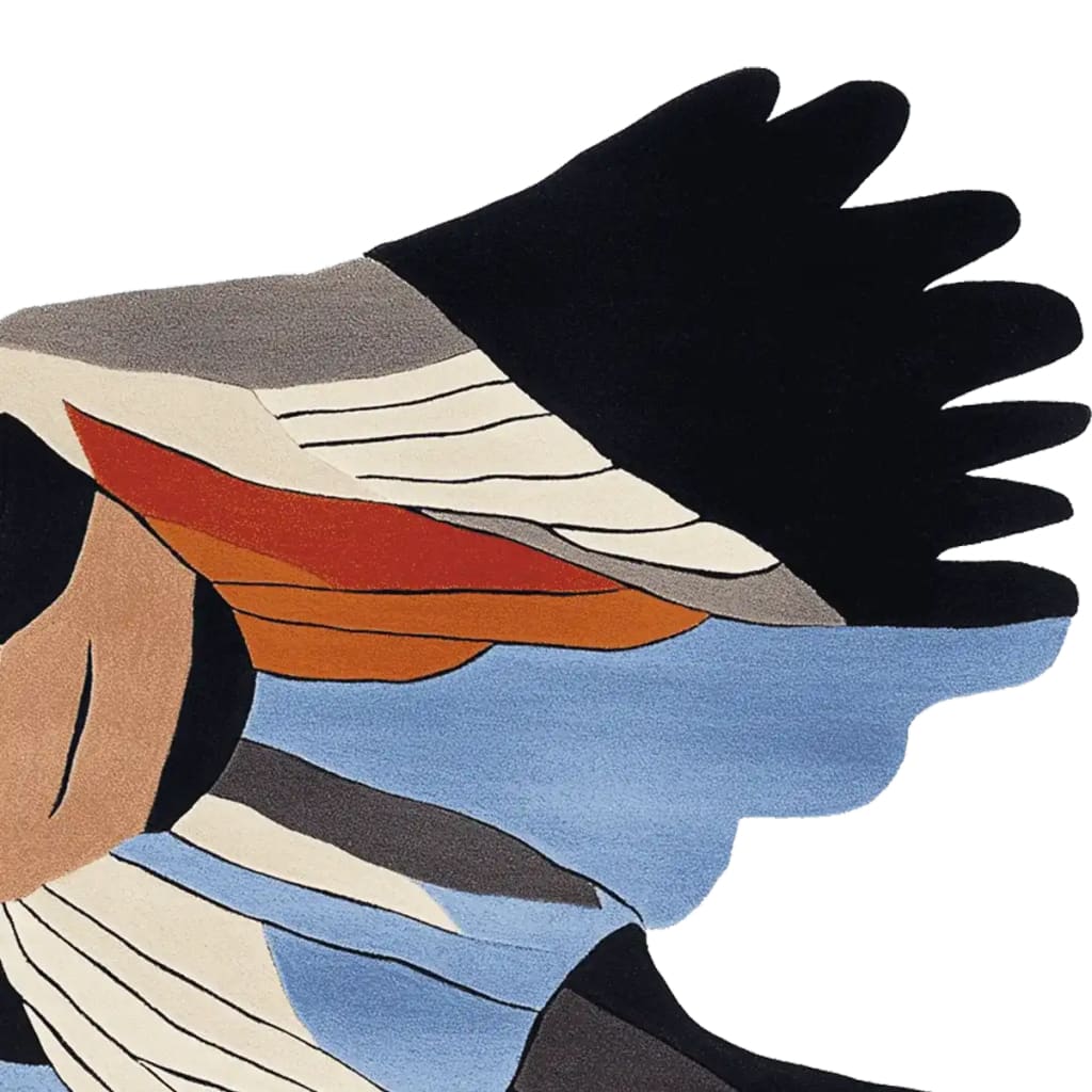 A contemporary abstract area rug with a striking design featuring bold colors and shapes, perfect for modern living rooms. This wool rug showcases an artistic pattern resembling a bird's wing, making it an eye-catching centerpiece in any area rugs for living room collection.