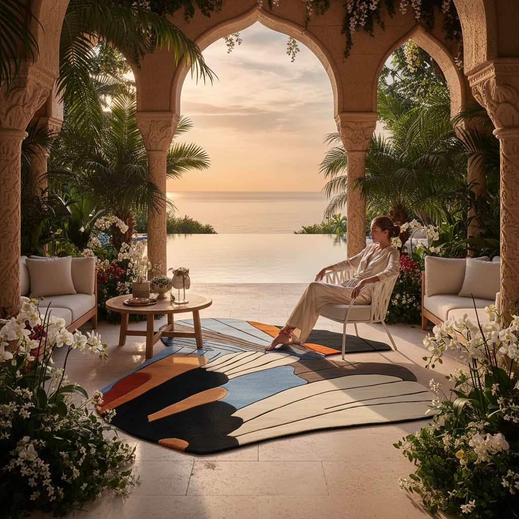 Person sitting on a patio with a scenic ocean view, surrounded by flowers and outdoor furniture.