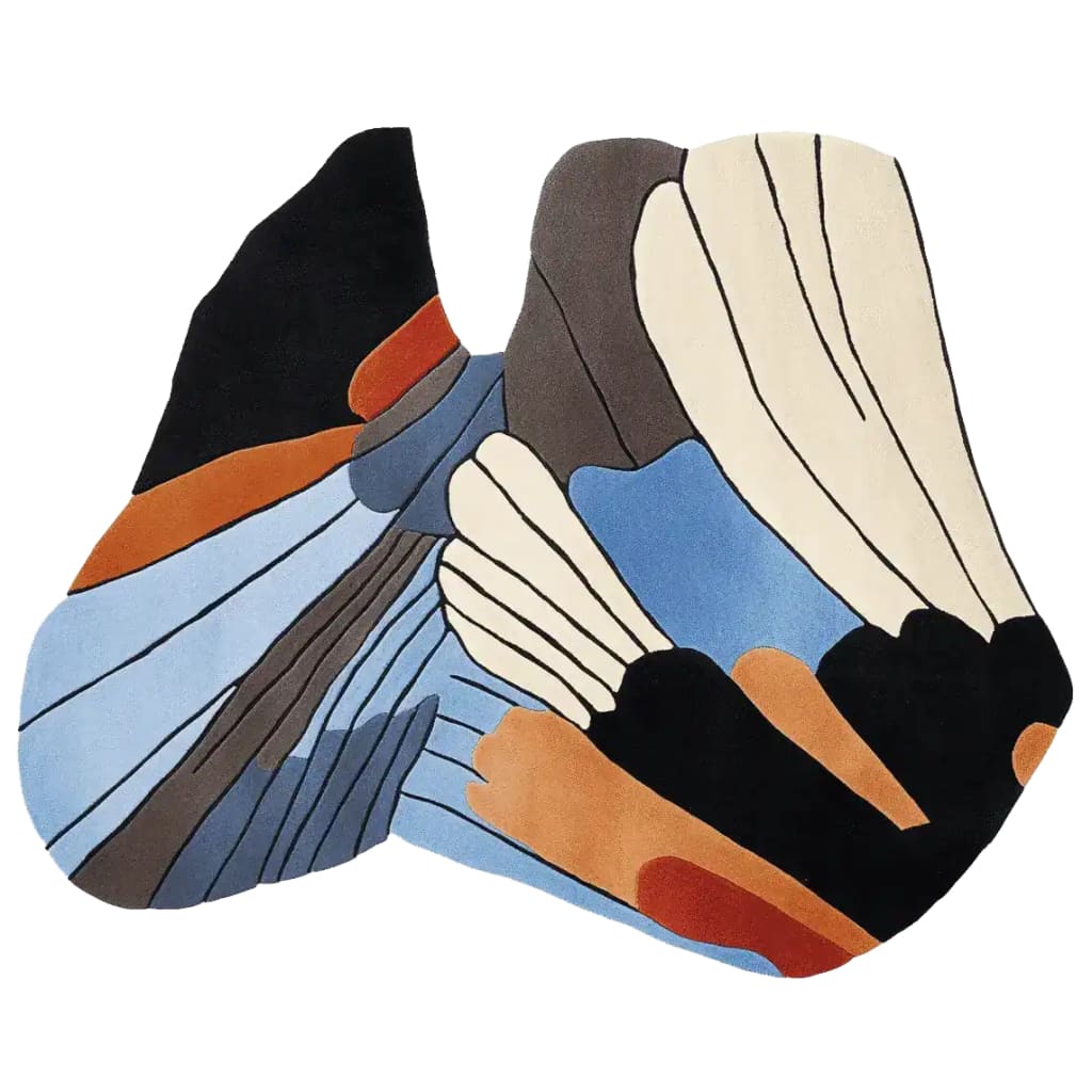 A contemporary area rug featuring an abstract design with flowing shapes in shades of blue, black, beige, and orange. This wool rug is ideal for adding a modern touch to living room spaces, showcasing a unique, artistic pattern.