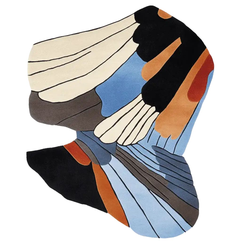 Top view of the Winged Earth Fragment Hand Tufted Rug, an abstract wool area rug featuring a blend of earthy tones and bold colors, perfect for contemporary living room decor. This unique and stylish rug adds a touch of modern art to any space, making it an ideal choice for those seeking area rugs for living rooms.