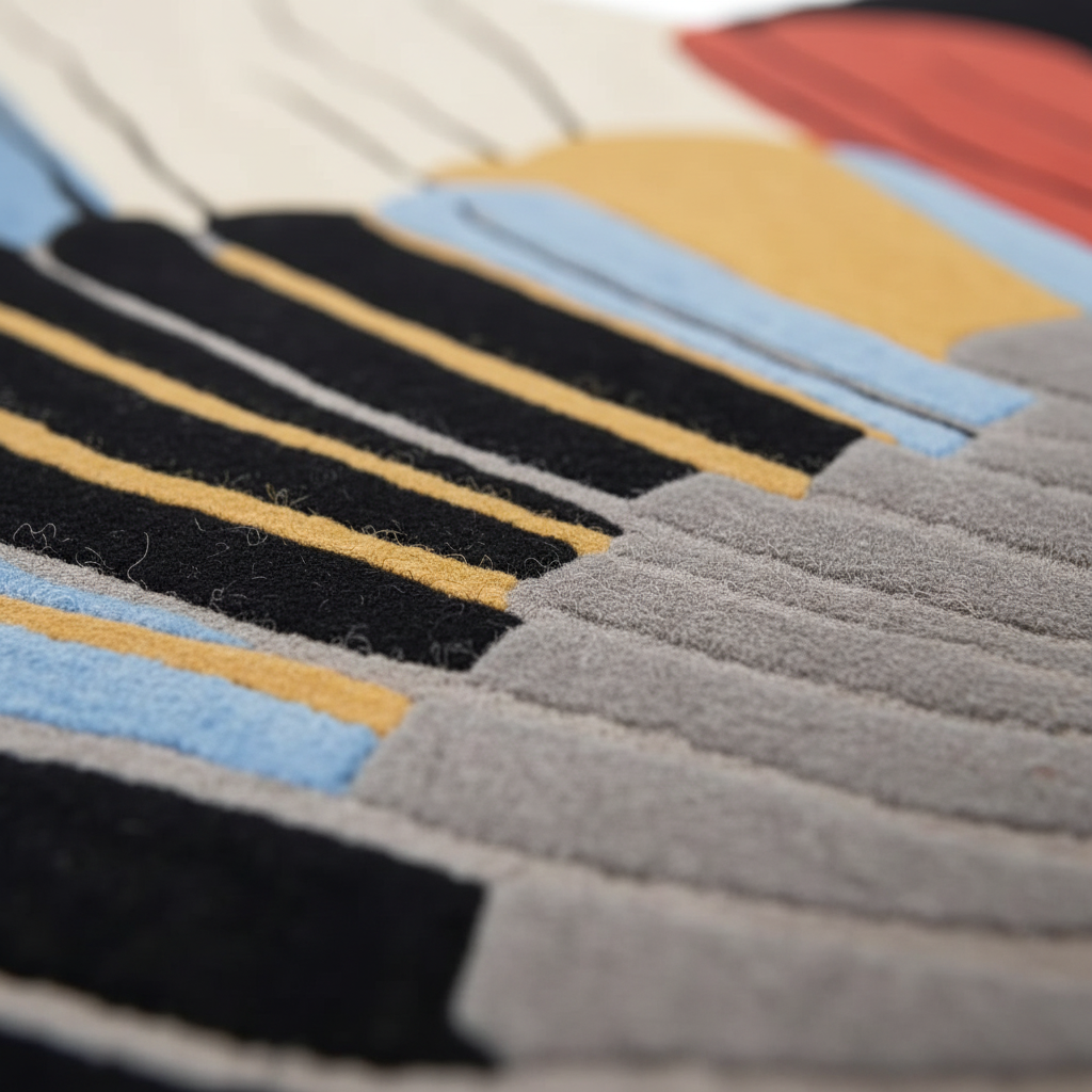 Close-up of a textured rug with geometric pattern