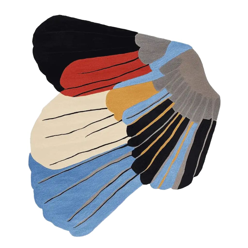 A vibrant, abstract Winged Motion Form Hand Tufted Area Rug showcasing a dynamic design with bold colors including black, red, blue, yellow, and beige. This contemporary wool rug is ideal for large living rooms, adding a unique artistic touch as a square area rug for modern spaces.