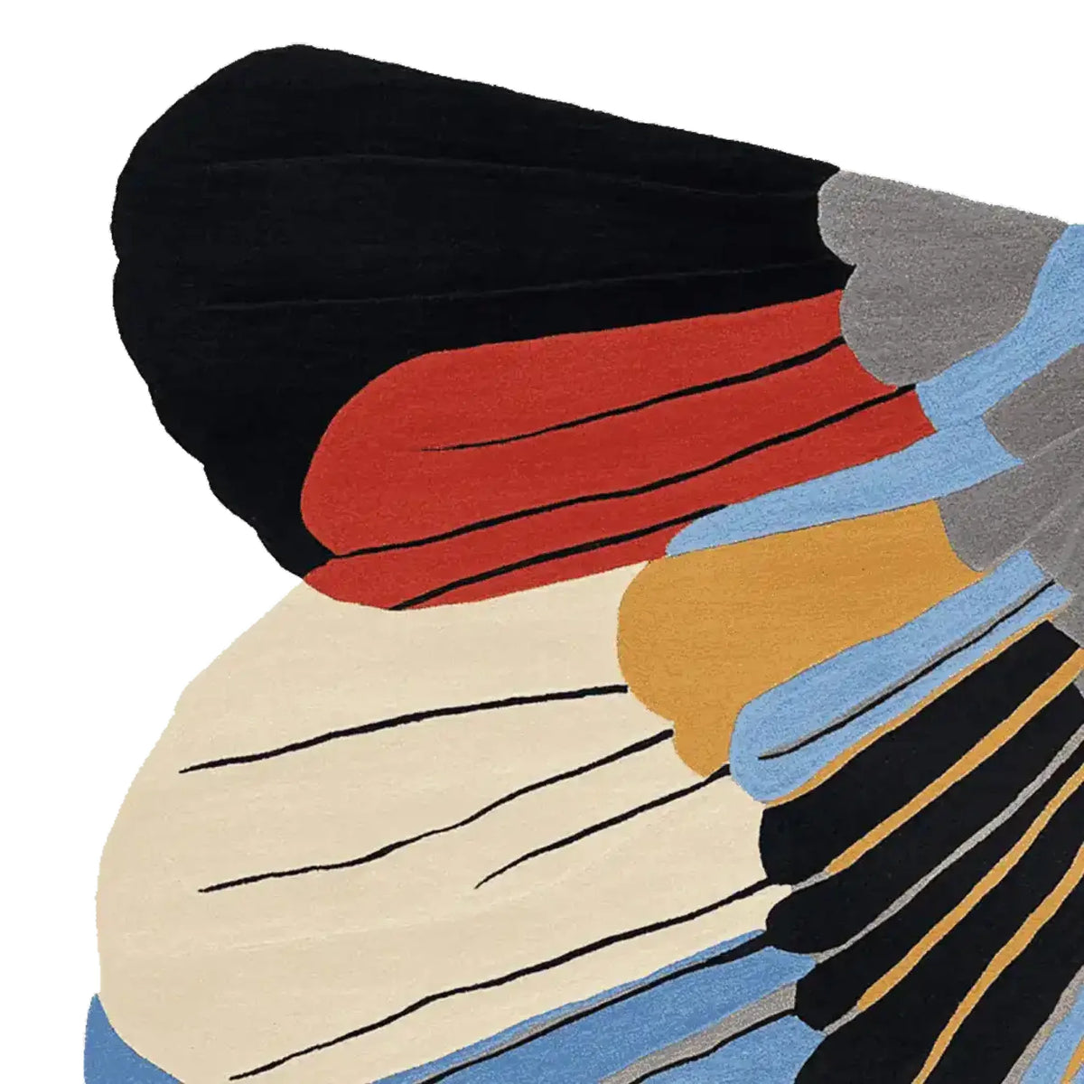 Close-up view of a contemporary hand-tufted area rug featuring an abstract design with bold colors. This wool rug showcases a mix of red, black, blue, and beige, perfect for adding a modern touch to large living room spaces. Ideal as a square area rug for those seeking unique rugs for living room decor.