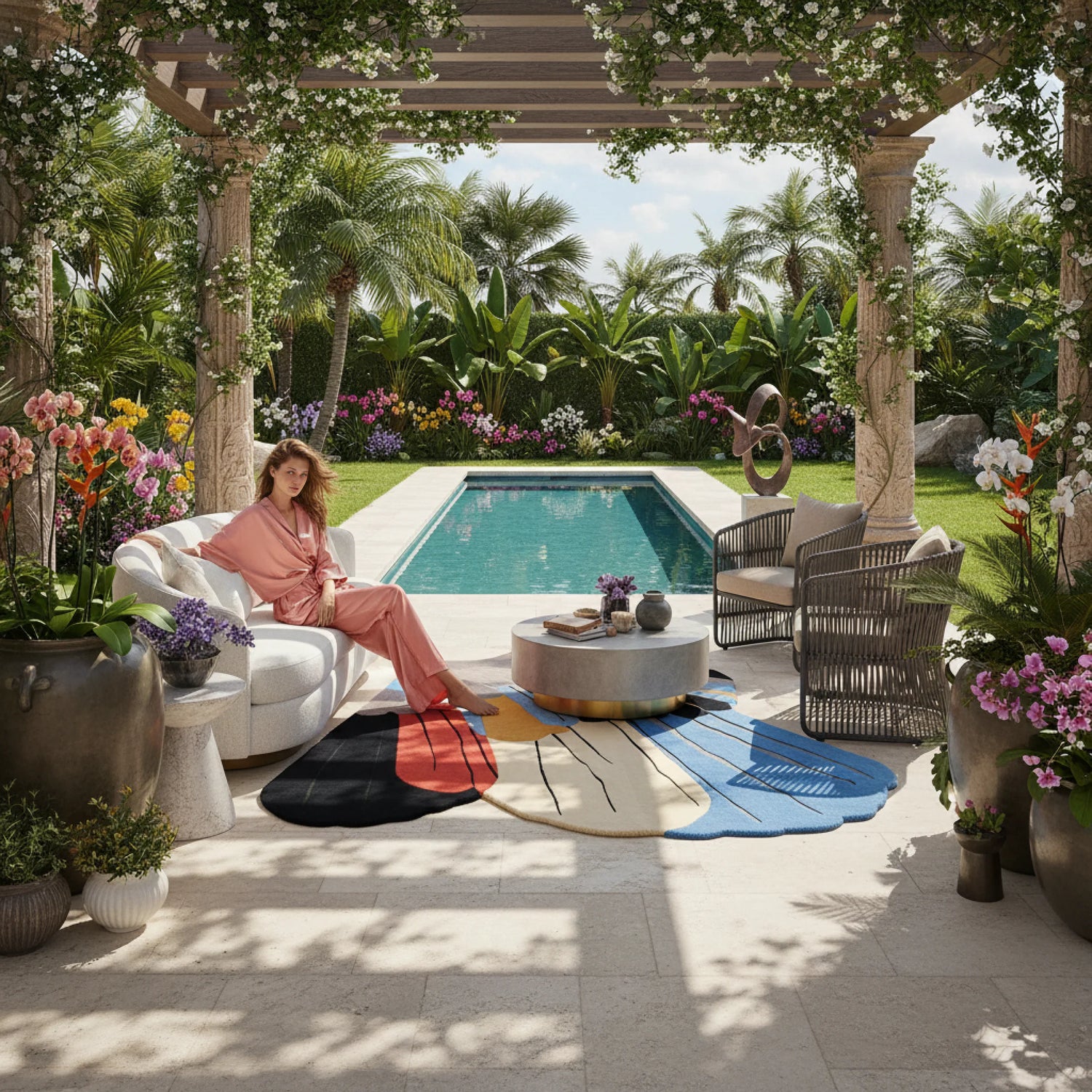 Woman sitting on a white chair by a pool with a colorful rug and decorative elements.