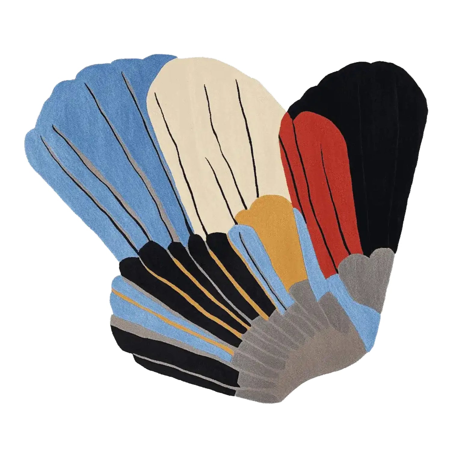 Winged Motion Form Hand Tufted Rug - a contemporary area rug featuring an abstract design with bold colors including blue, red, black, and beige. This wool rug is perfect as a large living room rug, offering a unique touch to any space. Ideal for those looking for a square area rug that combines modern artistry with functionality.