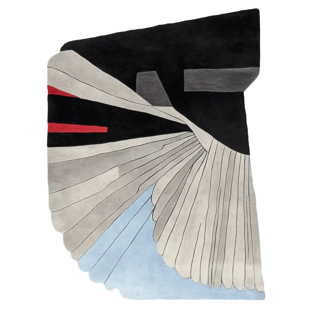 Top view of the Wingform Ascend Hand Tufted Area Rug featuring an abstract design with bold black, red, and blue accents, ideal for a contemporary living room. This wool rug offers a modern touch to large living room spaces, enhancing the décor with its unique pattern.