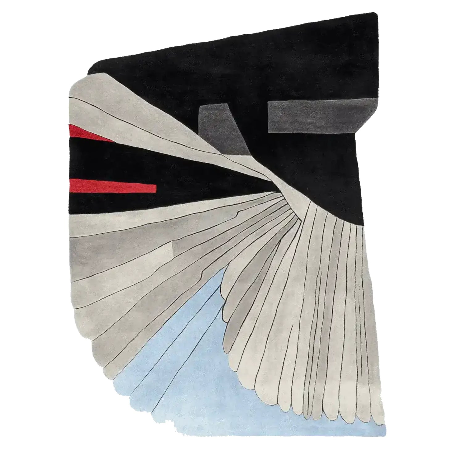 Top view of the Wingform Ascend Hand Tufted Area Rug featuring an abstract design with bold black, red, and blue accents, ideal for a contemporary living room. This wool rug offers a modern touch to large living room spaces, enhancing the décor with its unique pattern.