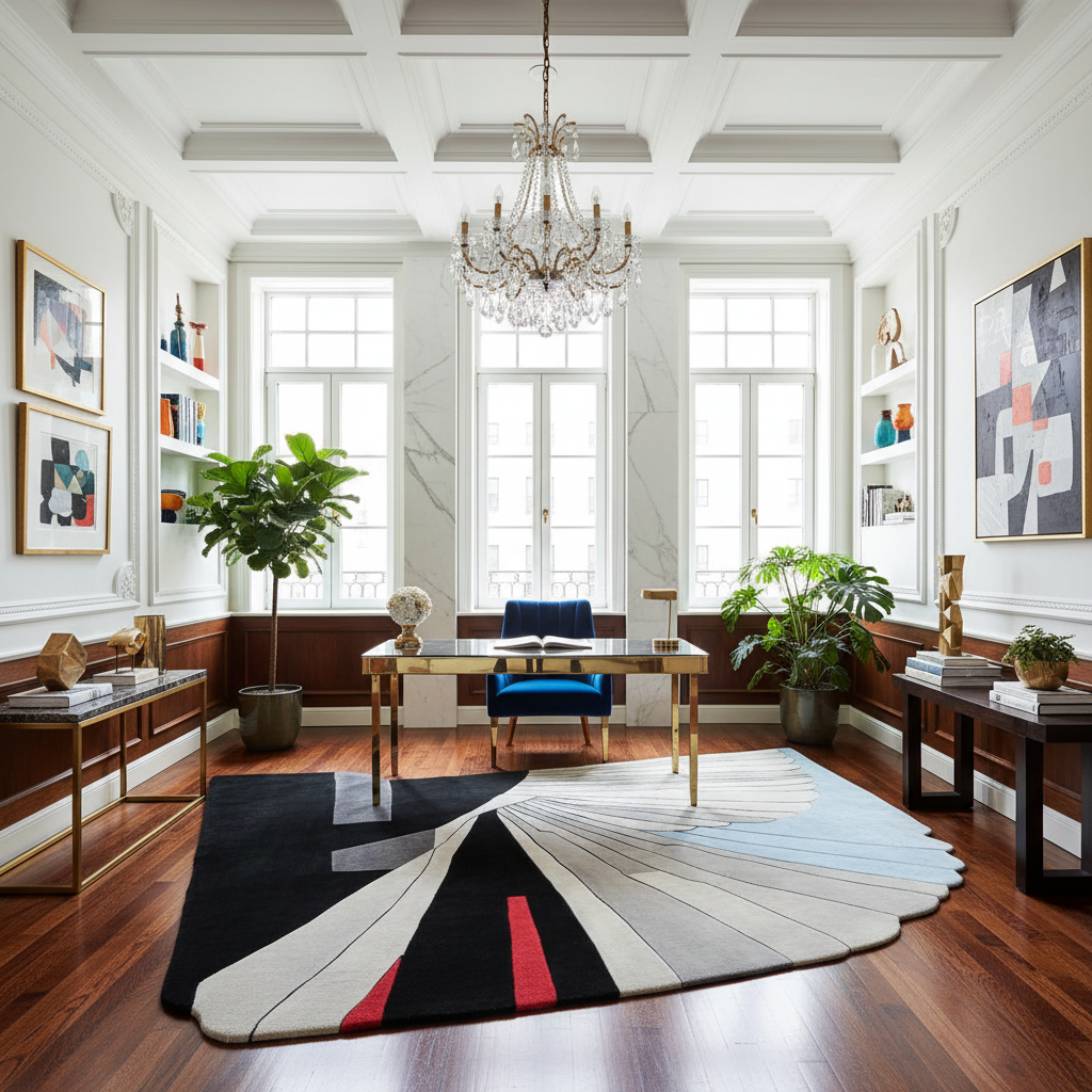 Modern living room with a geometric rug, chandelier, and large windows.
