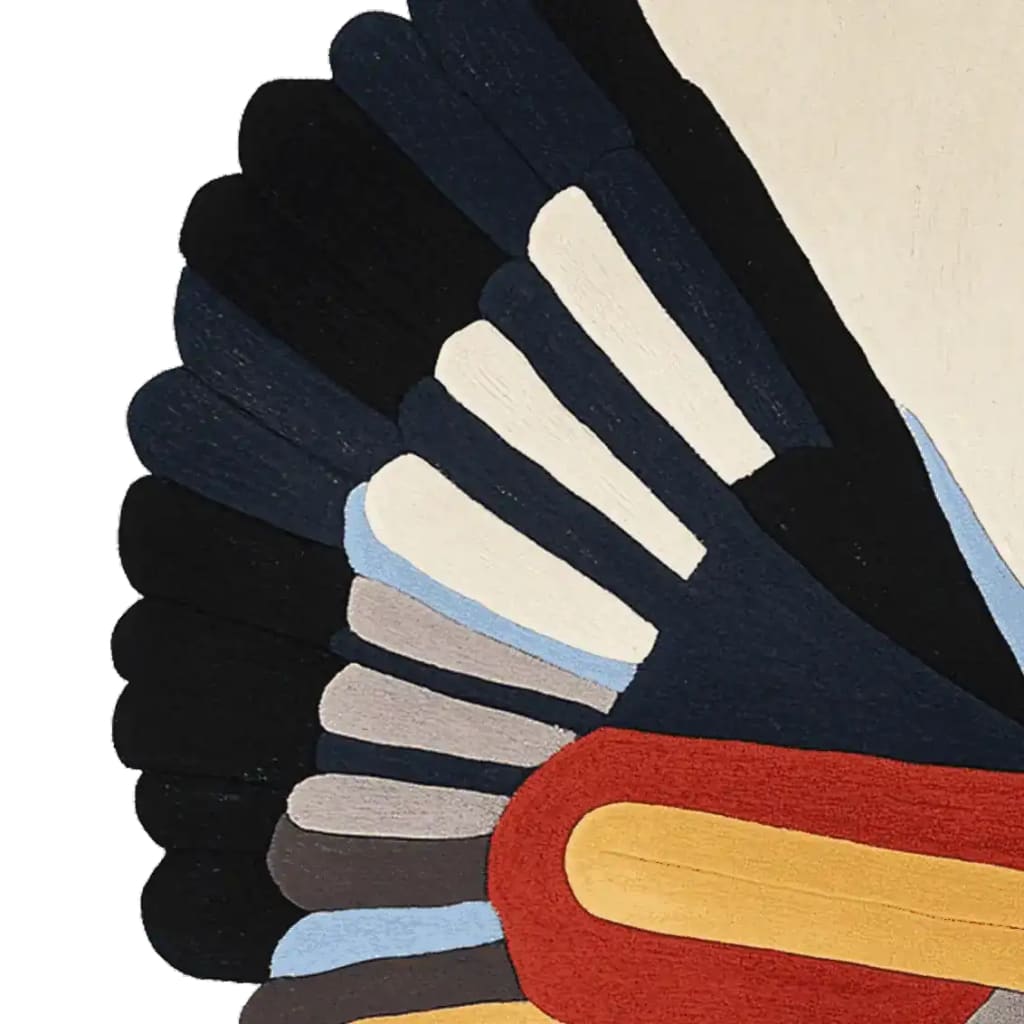 Close-up view of the Wings in Motion Hand Tufted Area Rug, showcasing its vibrant, abstract design in shades of black, white, blue, and red. Perfect for adding a contemporary touch to living room rugs 8x10, this wool rug combines artistic flair with modern style.