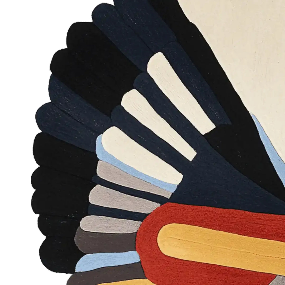 Close-up view of the Wings in Motion Hand Tufted Area Rug, showcasing its vibrant, abstract design in shades of black, white, blue, and red. Perfect for adding a contemporary touch to living room rugs 8x10, this wool rug combines artistic flair with modern style.