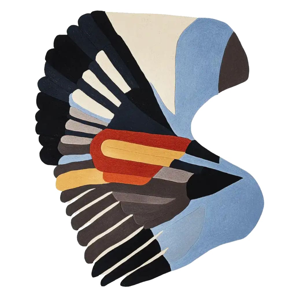 This vibrant hand-tufted area rug features an abstract design resembling bird wings in motion, with a mix of blue, black, red, and yellow tones. Perfect for adding a contemporary touch to living room rugs 8x10. Made from high-quality wool, this rug is both stylish and durable.