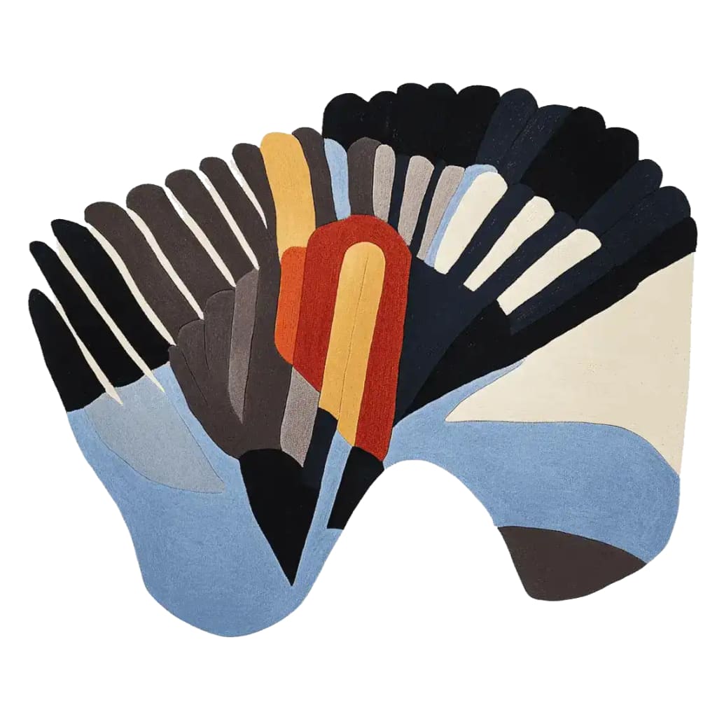 Vibrant and artistic area rug featuring an abstract design with bold colors like blue, orange, and black. Ideal for adding a contemporary touch to living rooms, this 8x10 wool rug showcases a hand-tufted pattern resembling wings in motion, perfect for modern decor.