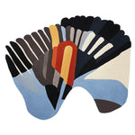 Vibrant and artistic area rug featuring an abstract design with bold colors like blue, orange, and black. Ideal for adding a contemporary touch to living rooms, this 8x10 wool rug showcases a hand-tufted pattern resembling wings in motion, perfect for modern decor.