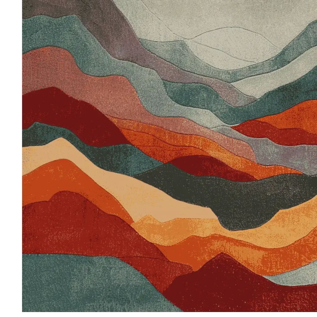 A vibrant area rug featuring an abstract design with flowing waves of red, orange, and grey hues, perfect for adding a touch of modern elegance to any living room. This wool rug is ideal for those seeking stylish area rugs for living room decor.
