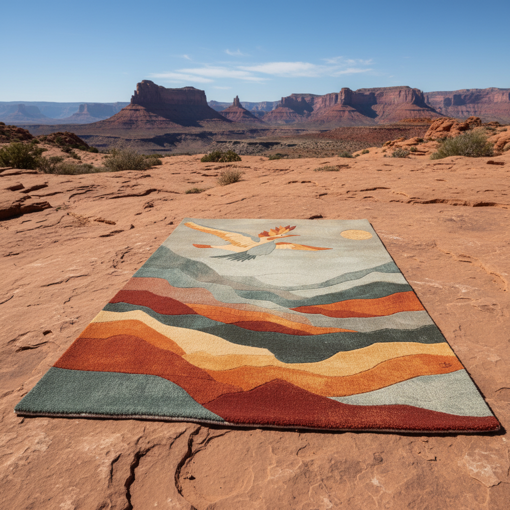 Colorful rug with desert landscape design on a rocky desert background
