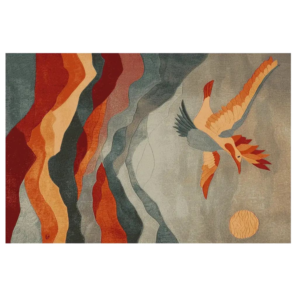 A beautifully designed area rug featuring an abstract depiction of a bird in flight, crafted in vibrant shades of red, orange, and blue. This wool rug is perfect for adding a touch of elegance to your living room decor. Ideal for those seeking unique area rugs for living room spaces.