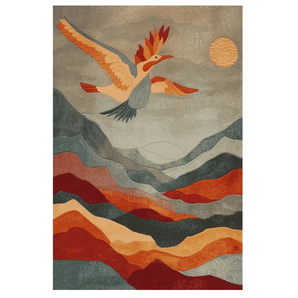 A beautifully designed area rug titled 'Wings of Freedom Hand Tufted Rug', showcasing an abstract depiction of a bird soaring above a vibrant landscape. This wool rug features warm tones of red, orange, and gray, making it a perfect addition to any living room. The intricate design and rich colors make this an ideal choice for those seeking unique area rugs for living room decor.