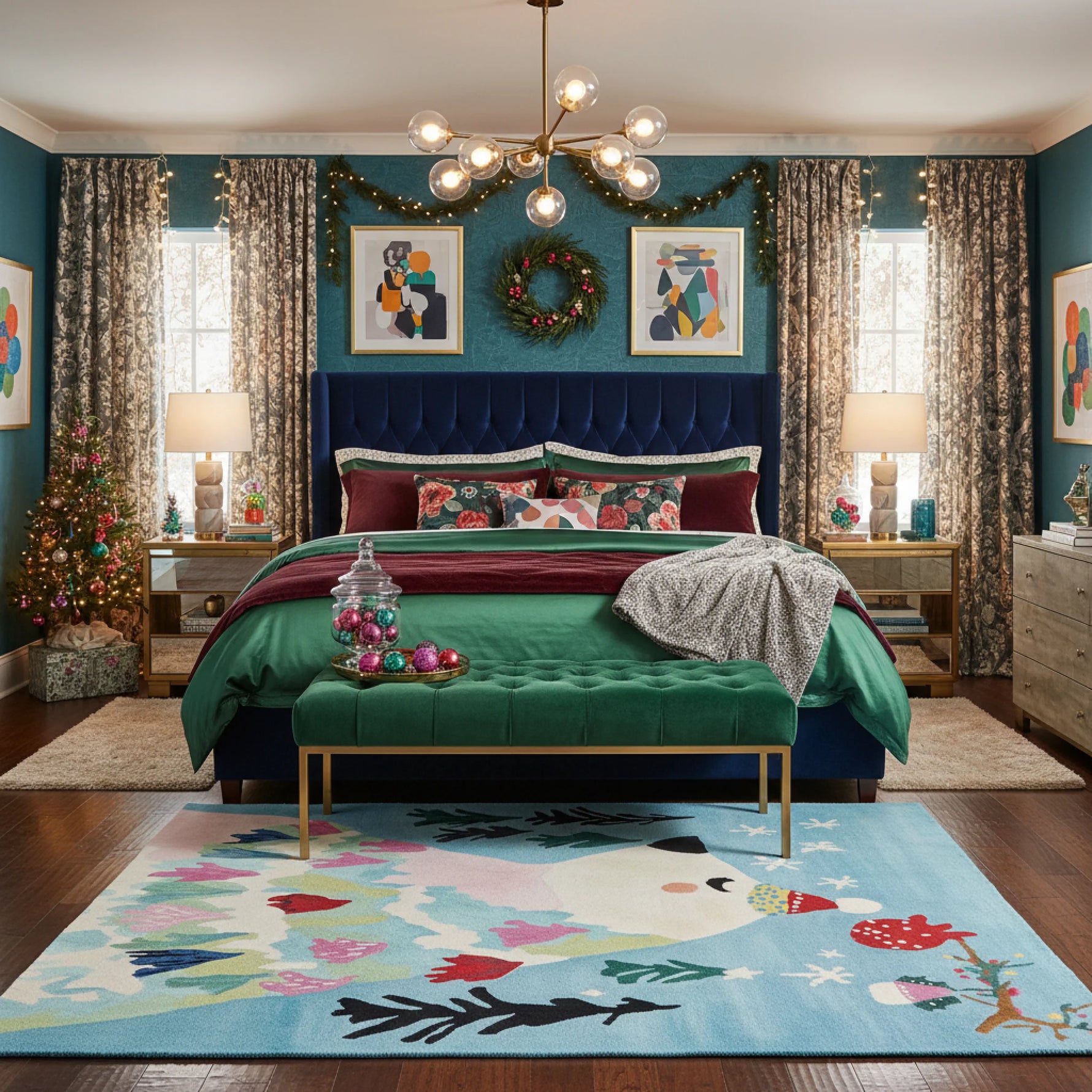 Decorative bedroom with a colorful rug, bed, and festive decorations.
