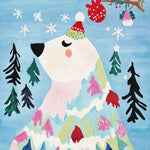 Charming hand-tufted area rug featuring a whimsical winter bear in a colorful hat surrounded by snowflakes and trees, perfect for adding a playful touch to living room decor. This wool rug is ideal for those seeking unique area rugs for living room settings.
