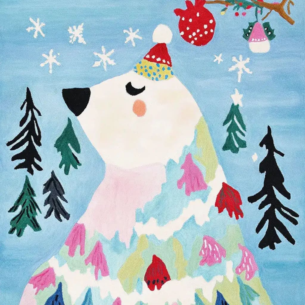 Charming hand-tufted area rug featuring a whimsical winter bear in a colorful hat surrounded by snowflakes and trees, perfect for adding a playful touch to living room decor. This wool rug is ideal for those seeking unique area rugs for living room settings.
