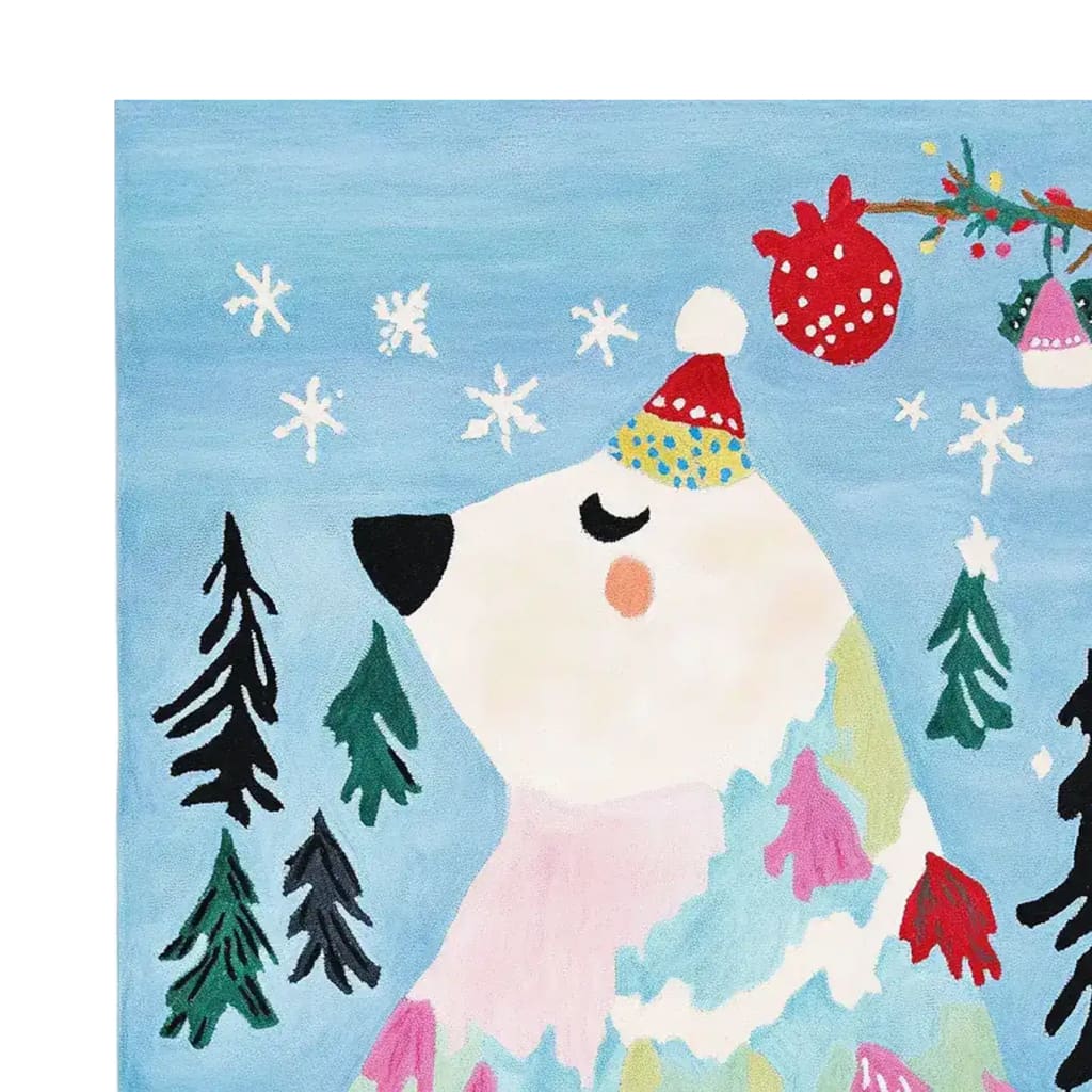 Charming hand-tufted area rug featuring a whimsical winter bear in a festive hat against a snowy blue background. Perfect wool rug for adding playful warmth to your living room area rugs collection.