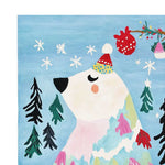 Charming hand-tufted area rug featuring a whimsical winter bear in a festive hat against a snowy blue background. Perfect wool rug for adding playful warmth to your living room area rugs collection.