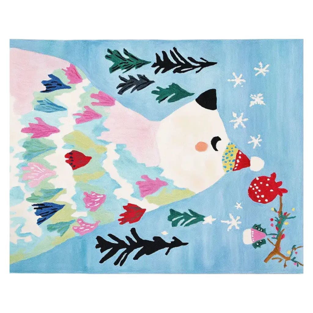 Charming Winter Bear Whimsy Hand Tufted Area Rug featuring a playful bear design with colorful abstract patterns, perfect for adding a cozy, artistic touch to any living room. This wool rug combines vibrant colors with a whimsical scene, making it an ideal choice for area rugs for the living room.